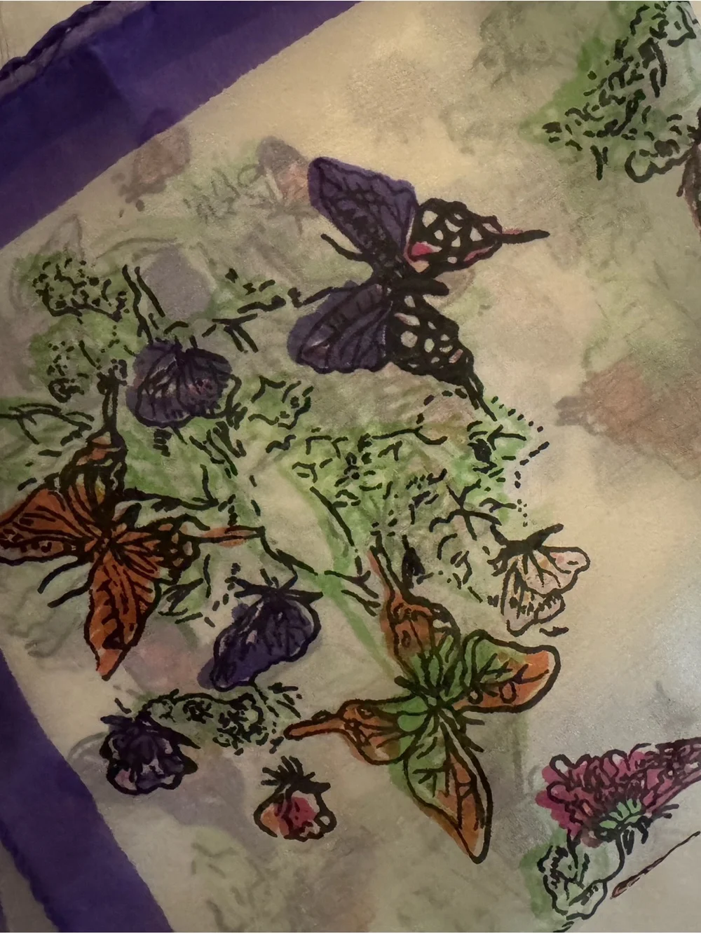 Vintage Butterfly & Botanical Foliage Silk Purple & White Scarf Made